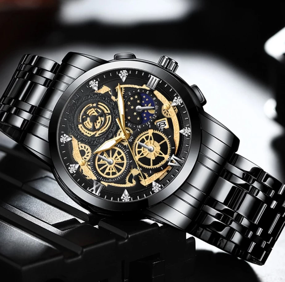 LUXURY BRAND STAINLESS STEEL GOLD QUARTZ ANALOG FASHION BUSINESS SUN MOON STAR WRISTWATCHES